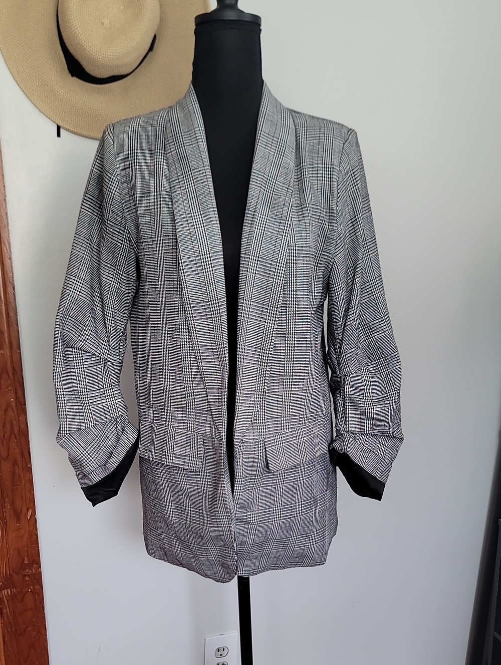 Shinestar Grey Glen Plaid Open-Front Blazer